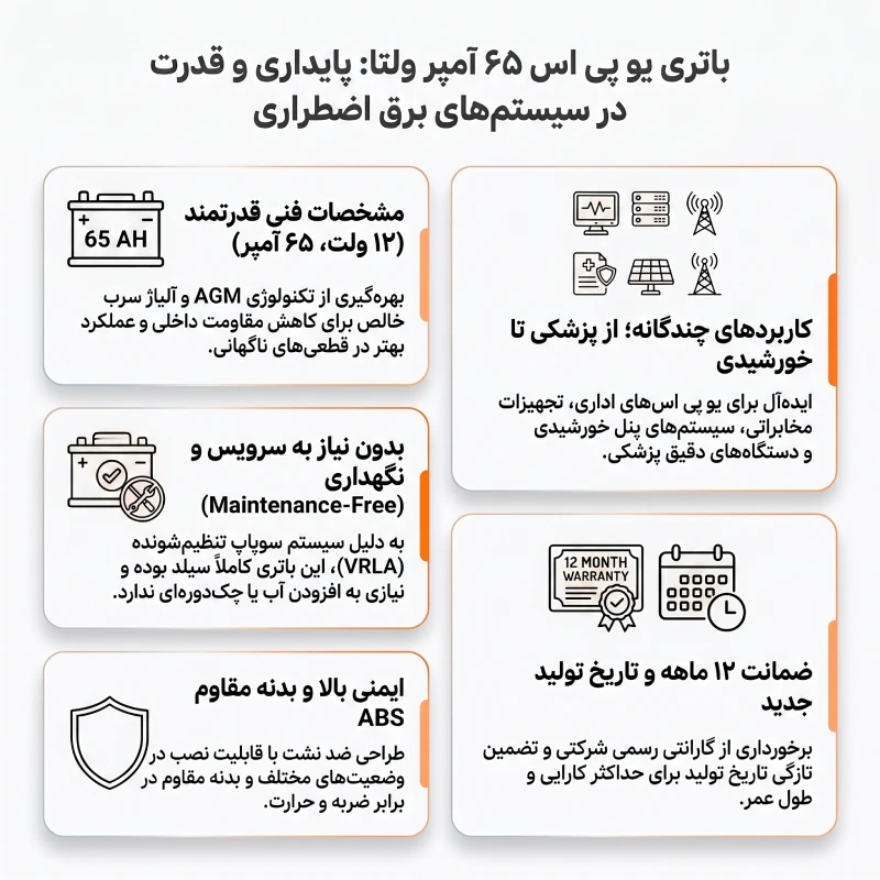 باتری یو پی اس ۶۵ آمپر ولتا؛ مشخصات فنی و راهنمای خرید