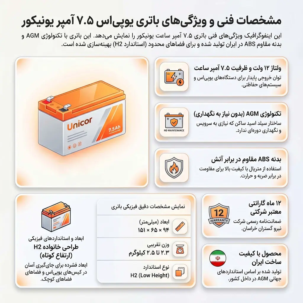 مشخصات فنی باتری یونیکور 7.5 آمپر یو پی اس